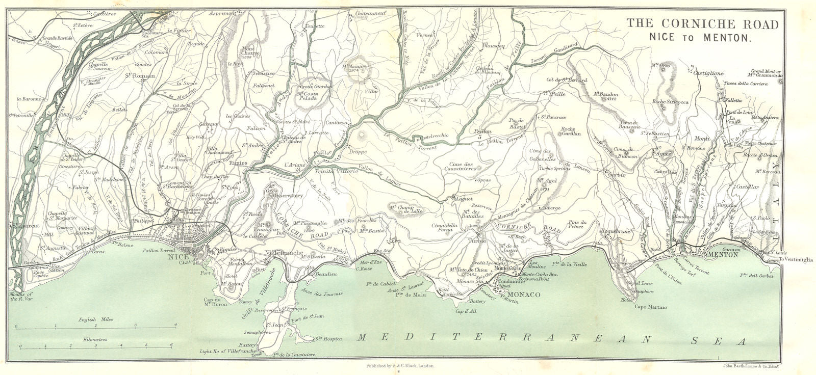 ALPES-MARITIMES. Corniche Nice Monaco Menton 1913 old antique map plan chart